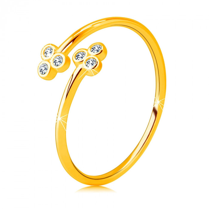 Inel din aur 585 cu brațe &icirc;nguste - două trifoaie cu zirconii rotunde clare - Marime inel: 56