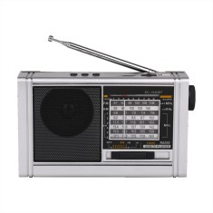 Radio portabil cu acumulator, antena telescopica, conexiune Bluetooth, lanterna cu LED, incarcare solara, argintiu