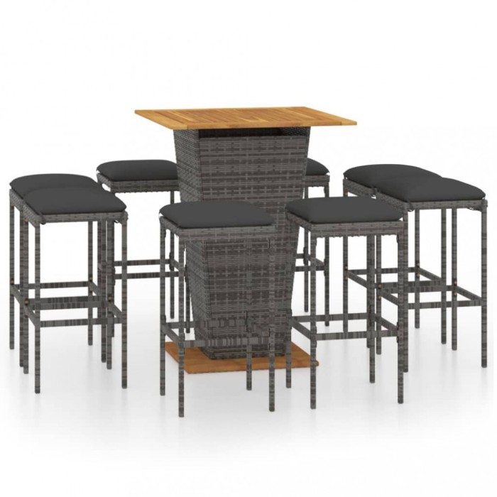 vidaXL Set mobilier bar de grădină cu perne, 9 piese, gri, poliratan