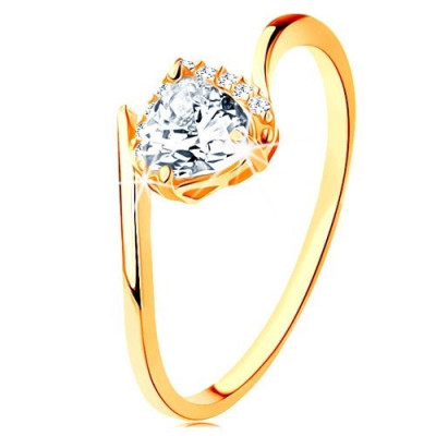 Inel din aur galben de 9K - inimă din zirconiu transparent, capete &amp;icirc;ndoite ale braţelor - Marime inel: 52 foto