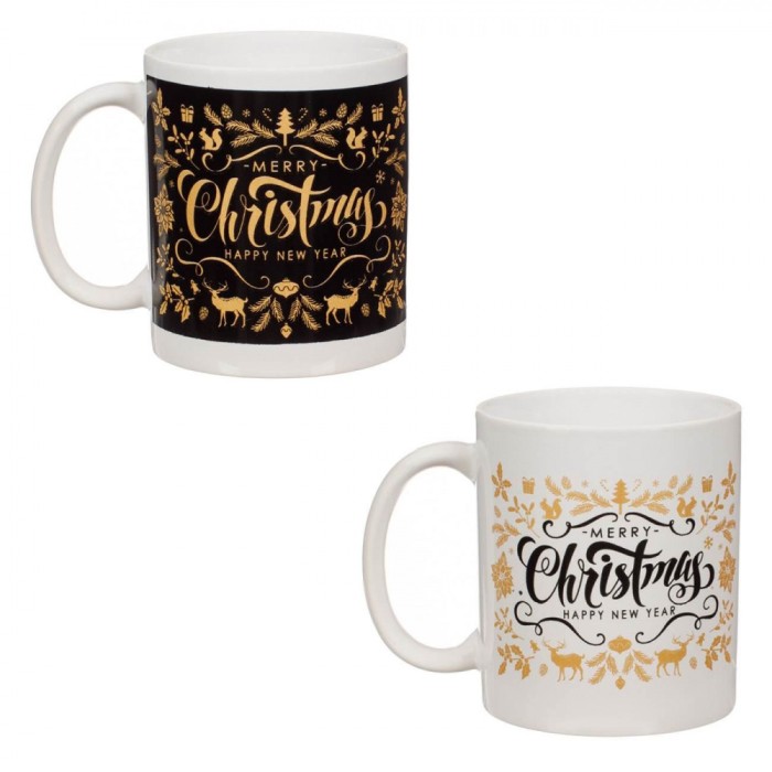 Set Cani de Craciun, Model Merry Christmas, Ceramica, 330ml, Capacitate, Alb Negru, 2 Bucati