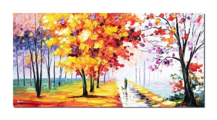 Tablou peisaj stilizat pictat manual, Armonie pastela, 120x60cm ulei pe panza