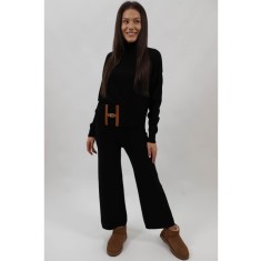 COMPLEU DIN TRICOT 3 PIESE PANTALONI CARDIGAN SCURT TRICOU FARA MANECA ANNE TALIE UNICA Negru