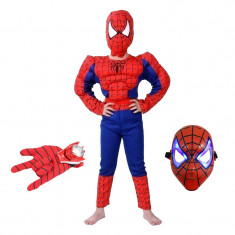 Set costum clasic Spiderman cu muschi IdeallStore®, 5-7 ani, 110-120 cm, rosu, manusa discuri si masca LED