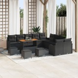 Set canapea gradina Gossi 13 piese cu perne negru poliratan acacia, set canapea gradina Gossi 2 locuri cu perne negru poliratan, set dining gradina Go