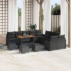 Set canapea gradina Gossi 13 piese cu perne negru poliratan acacia, set canapea gradina Gossi 2 locuri cu perne negru poliratan, set dining gradina Go