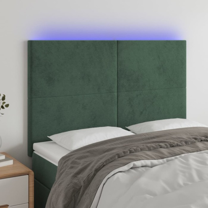 vidaXL Tăblie de pat cu LED, verde &icirc;nchis, 144x5x118/128 cm, catifea