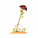 Trandafir rosu suflat cu aur, din plastic cu baza-suport text &bdquo;Love&rdquo;, cutie eleganta, Oem