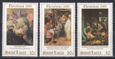 St. Lucia 1980 - Crăciun - Picturi de Bruegel, Murillo, Battista, MNH foto