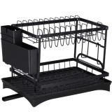 Uscator de vase cu suport pahare si tacamuri, din otel, pe 2 nivele, cu sistem drenaj, 42x30x30cm, negru Household NewTrend