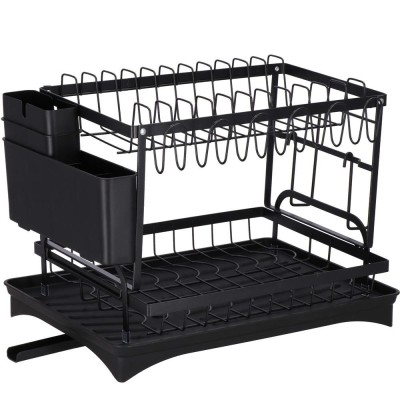 Uscator de vase cu suport pahare si tacamuri, din otel, pe 2 nivele, cu sistem drenaj, 42x30x30cm, negru Household NewTrend foto