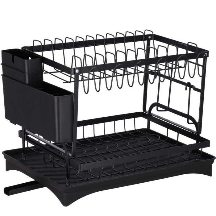 Uscator de vase cu suport pahare si tacamuri, din otel, pe 2 nivele, cu sistem drenaj, 42x30x30cm, negru Household NewTrend