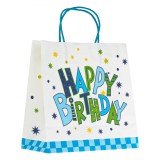 Sacosa Cadou Kraft, Happy Birthday, Stele Carouri, Alb Bleu, Dimensiuni 26x12x26cm