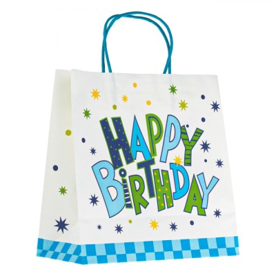 Sacosa Cadou Kraft, Happy Birthday, Stele Carouri, Alb Bleu, Dimensiuni 26x12x26cm foto