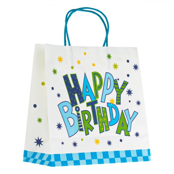 Sacosa Cadou Kraft, Happy Birthday, Stele Carouri, Alb Bleu, Dimensiuni 26x12x26cm