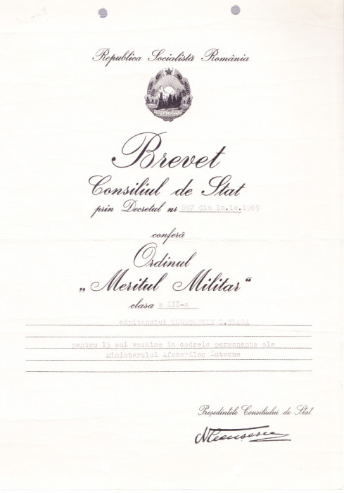 AMS# - BREVET ORDINUL MERITUL MILITAR CL. III, 1969