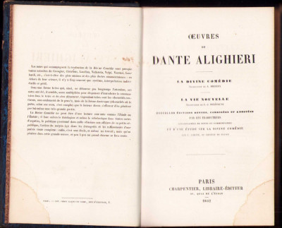 HST 261SP Oeuvres de Dante Alighieri La Divine Comedie La Vie Nouvelle 1862 foto