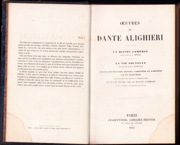 HST 261SP Oeuvres de Dante Alighieri La Divine Comedie La Vie Nouvelle 1862