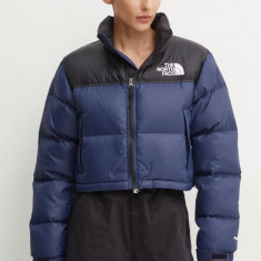 The North Face geaca de puf Nuptse Short Jacket femei, culoarea albastru marin, de iarna, NF0A5GGE92A1