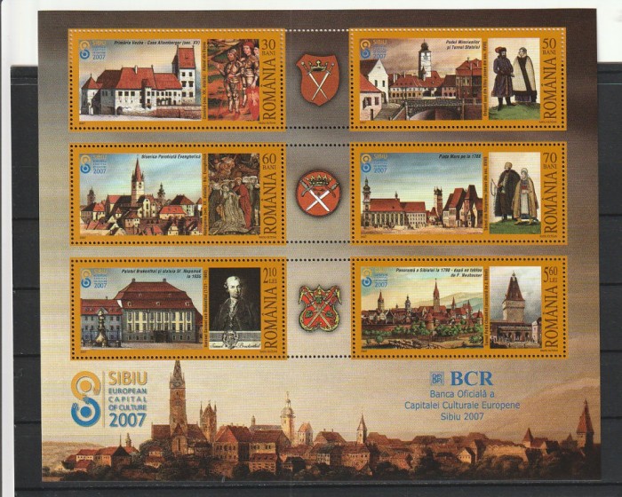 ROMANIA 2007 LP 1769 b SIBIU CAPITALA EUROPEANA CULTURALA BLOC DE 6 TIMBRE MNH