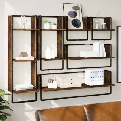 vidaXL Set rafturi de perete cu bare, 6 buc., stejar fumuriu, lemn foto