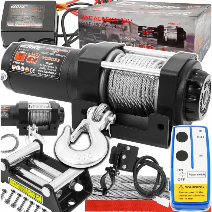 Troliu electric 12 V 130 A, capacitate 1590 Kg, lungime calbu 12 m, grosime cablu 5.3 mm, 3500lb, Verke