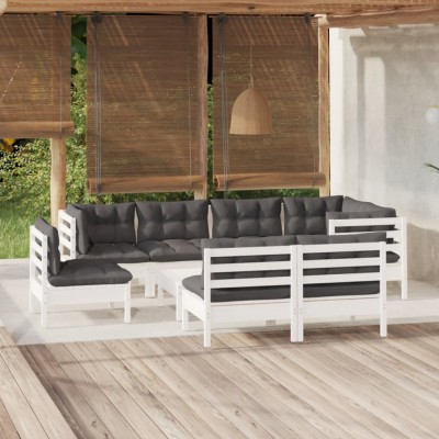 vidaXL Set mobilier grădină cu perne, 9 piese, alb, lemn masiv pin 3096473 foto