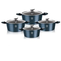 Set oale 8 piese Grunberg, compatibile cu plita cu inductie, capace din sticla, Albastru