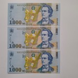 trei bancnote consecutive 1000 lei 1998 UNC necirculate, perfecte