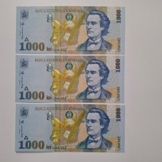 trei bancnote consecutive 1000 lei 1998 UNC necirculate, perfecte
