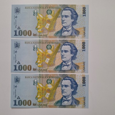 trei bancnote consecutive 1000 lei 1998 UNC necirculate, perfecte foto