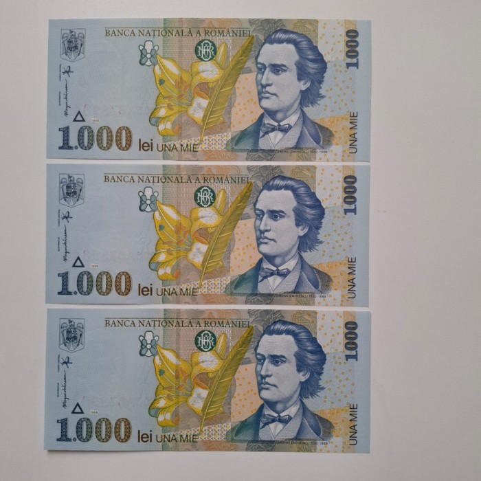 trei bancnote consecutive 1000 lei 1998 UNC necirculate, perfecte