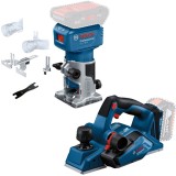 Bosch GLF 18V-8 + GHO 185-LI - Masina de frezat fara acumulatori si incarcator Li-Ion 18 V - Ah 6 6.35 8 mm accesorii + Rindea 82 mm