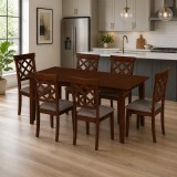 Cumpara ieftin Set masa living extensibila Miami, MDF, lemn masiv, 120 150 x 80 x 73.8 cm si 6 scaune Vienna, tapitat stofa, 94x49x40 cm, nuc maro