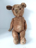 Urs / Ursulet jucarie veche, umplut cu paie, ochi de sticla, 42cm, articulat cap si membre, inceput de secol XX, colectie