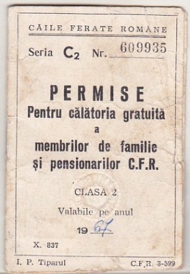 bnk div CFR - Permise pentru calatorie gratuita - cls 2 - 1967 foto