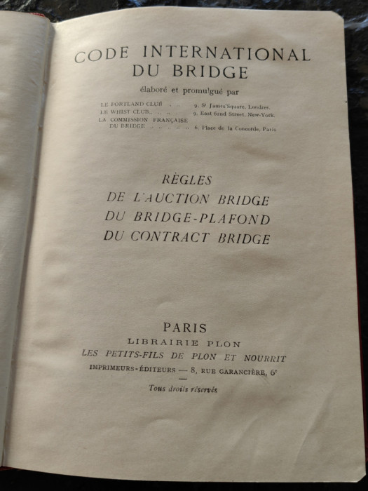 Codul International Bridge, 1932, cartonata, Plon, Paris, 68 pag. deosebita