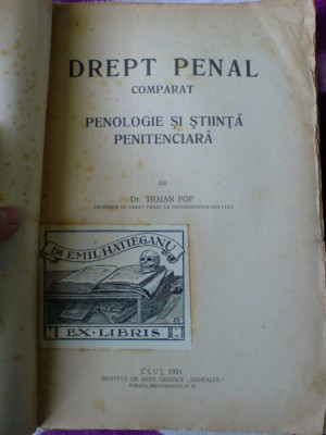 Traian Pop Drept penal comparat vol III, dedicație pentru prof. Emil Hațieganu foto