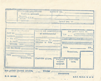 Rom&amp;acirc;nia, foaie de lichidare CEC, R.S. Rom&amp;acirc;nia, 1988 foto