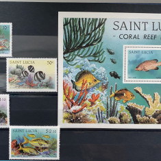 SAINT LUCIA/ ST LUCIA 1983 FAUNA MARINA/ PESTI, serie + colita MNH, 4v + 1v