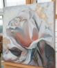 Pictori Romani Tablou abstract U/P Pictura trandafir boboc roz pudrat 100x100cm, Flori, Ulei