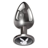 Plug anal PLAYBOY Tux - Large, din aluminiu, bază cu logo Playboy, lungime 9.5 cm, diametru 3.9 cm (mărime L), argintiu