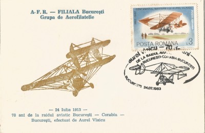 70 ani de la raidul aviatic Bucureşti-Corabia-Bucureşti, plic, Bucureşti, 1983 foto