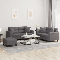 vidaXL Set de canapele cu perne, 3 piese, gri, piele ecologică foto