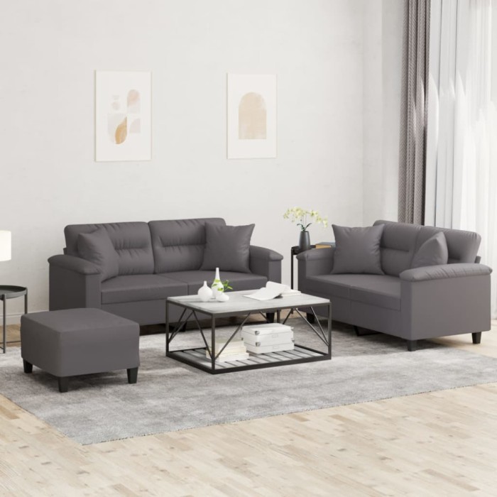 vidaXL Set de canapele cu perne, 3 piese, gri, piele ecologică 3202379