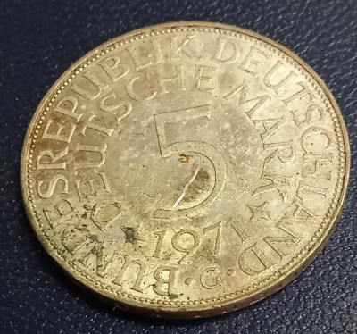(A142) MONEDA DIN ARGINT GERMANIA - 5 MARK 1971, LIT. G, 11,2 GRAME. PURITATE 625 foto