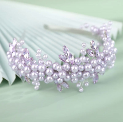 Bentita argintie, cu perle si cristale mov, Purple Jasmin foto