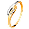 Inel cu diamant din aur 585 - frunze curbate, bicolore, trei diamante transparente - Marime inel: 57