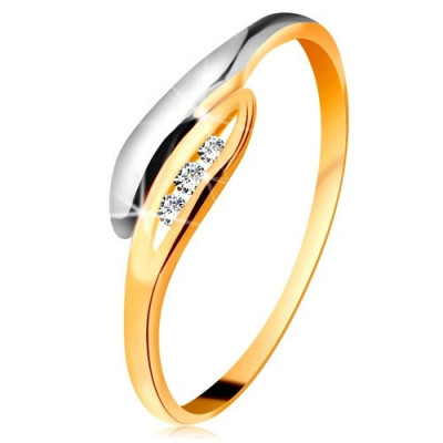 Inel cu diamant din aur 585 - frunze curbate, bicolore, trei diamante transparente - Marime inel: 60 foto
