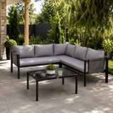 Cumpara ieftin Set Mobilier Gradina ART Kayden: Masa, 3 Canapele, Gri/Negru, Otel/Sticla, Huse Impermeabile, Buzunare Laterale
